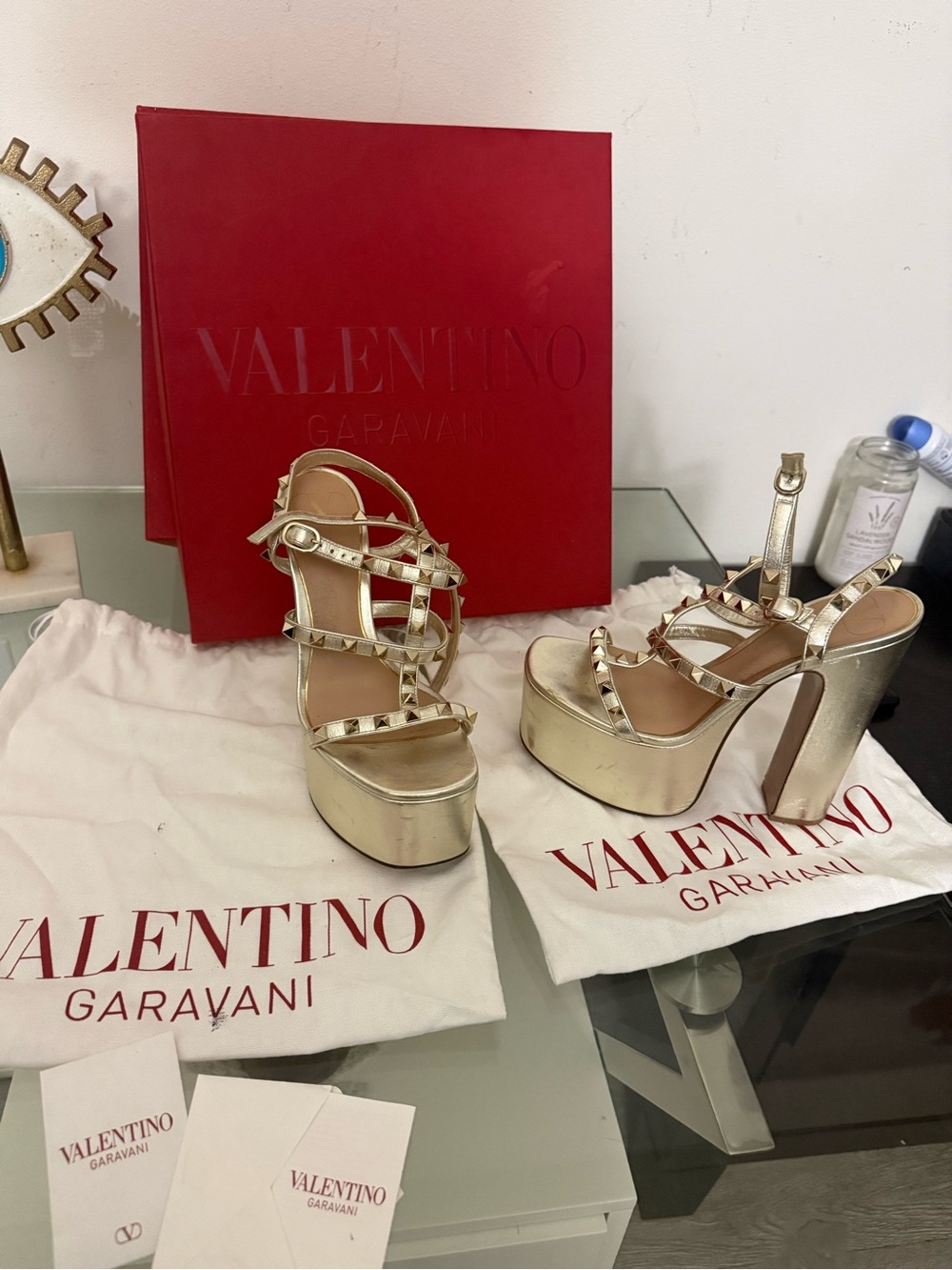 Valentino Rockstud Platform Heels Gold